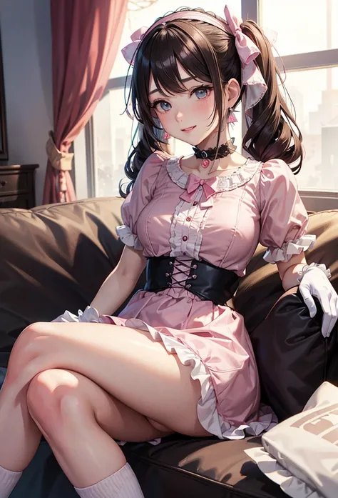 A beautiful lolita girl sitting showing her back on the bed, anime girl, in the room, home interior, pastel pink lolita dress, short sleeves, a pair of short socks, choker with a bow, short white gloves, lolita shoes fashion, dark brown hair, long wavy hai...