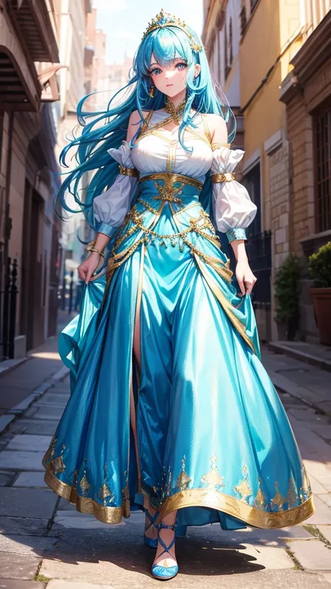 A princess with bright blue hair and sharp, sparkling golden eyes. Wear a long skirt for a walk.