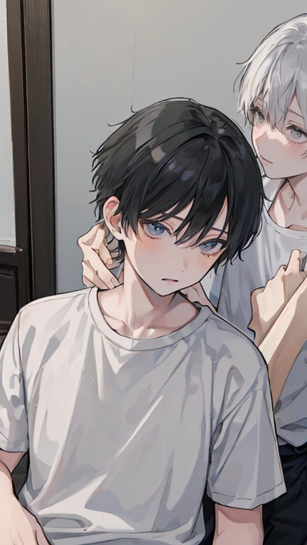 (Mastepiece), (Best Quality), Very detailed, ((Two boys intimate:1.5)), Perfect Face, Beautiful Face, Very detailedな顔，(Black-haired man:1.3)，(Grey-haired man:1.3)、Plain T-shirt、Boys&#39; Room