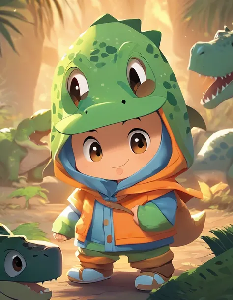 (cute cartoon little boy wearing little dinosaur hooded costume, dinosaur head is a hat, flat chested, flat stomach, baby face, intense colors, detailed facial features, beautiful eyes, adorable expression, whimsical, fantasy, digital art, highly detailed,...