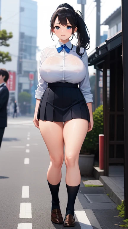 ((Highest quality)), ((masterpiece)), (detailed), 
((huge breasts))
((Very thick thighs))
((Very fleshy young woman))
(Tall)
Black ponytail hair
Blue eyes
Standing
(((Shoot from front)))
(((photograph the whole body)))
(Japanese school uniform)
(white (bus...