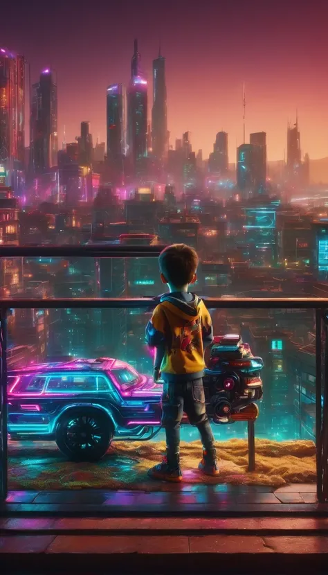 a 7 year old boy playing with his toy cars,on a deep balcony,cyberpunk city in the distance,cyberpunk colors,neon,high definitio...