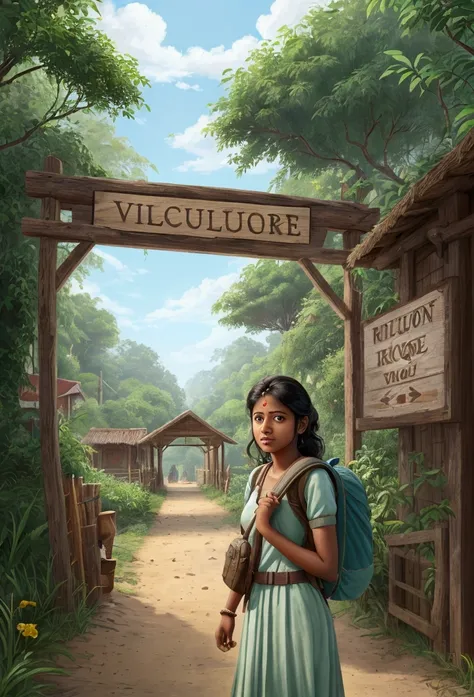 Create a realistic illustration of a young journalist named Priya arriving at the entrance of a village. She has a backpack on her shoulders and is looking around curiously, but not directly at the viewer. The village entrance is marked by a rustic wooden ...