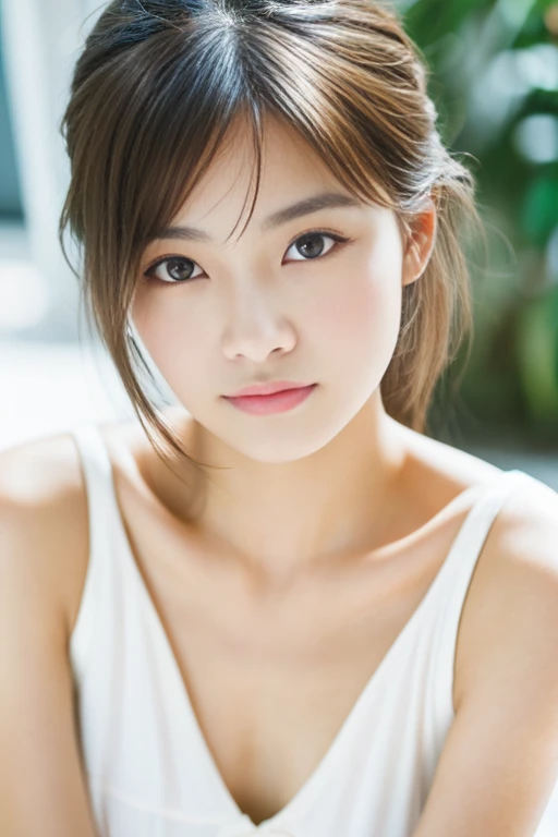 lens: 135mm f1.8, (Highest quality), (Beautiful 17 year old Japanese girl), (Moisturized lips), Narrow eyes, double eyelid, Delicate clavicle, Flat Chest , I&#39;m ashamed of my smallness, Underdeveloped breasts, smile, (Spotted sunlight: 1.2), Professiona...