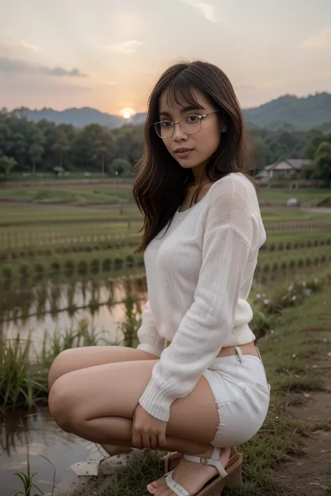 Young sweet beautiful Bogor city girl dancing cheerful on wide rice  field near Bogor, descent mixed from sundanese and javanese and Arabic, little breasts, very very slim body, have big  greek with long bridge nose, tirus slim  face, wide forehead,  big e...