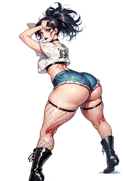 a beautiful anime girl, 17 years old, black hair, wearing fishnets, black lipstick, a crop top, very short jean shorts, medium-sized breasts, big butt, white background, full body shot from head to toe, black boots, wide thighs