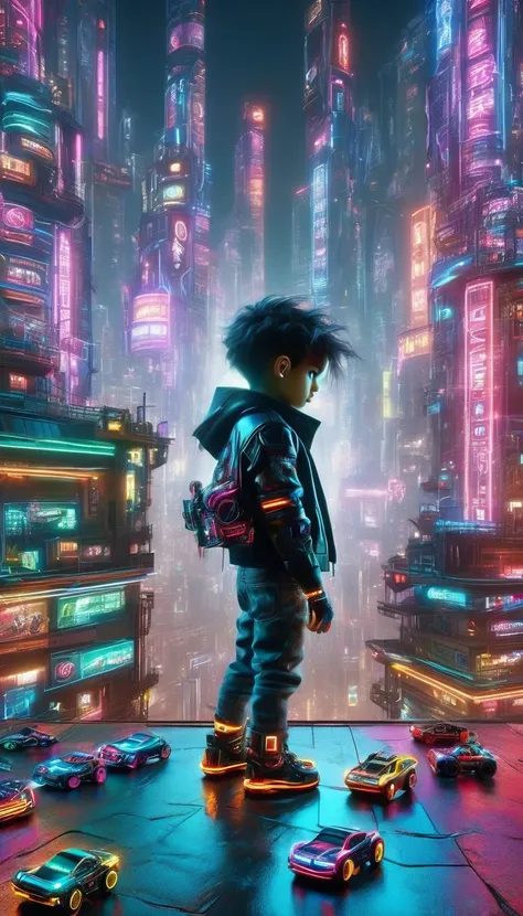 a 7 year old boy playing with his toy cars,on a deep balcony,cyberpunk city in the distance,cyberpunk colors,neon,high definitio...