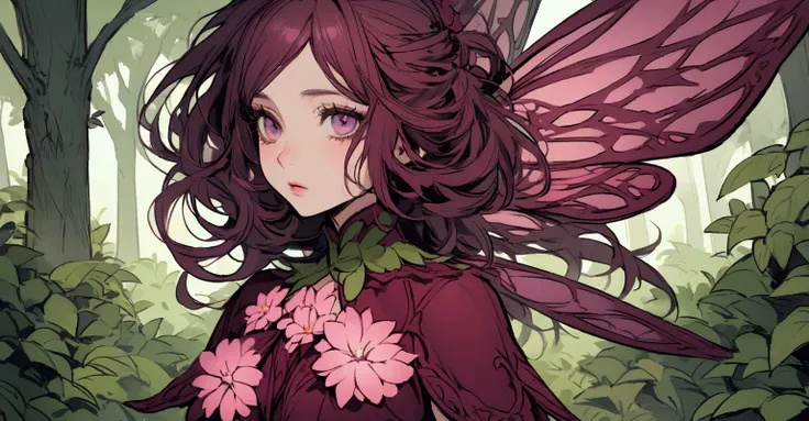 A fairy with long burgundy hair, wearing a pink flower outfit, your wings are burgundy, she is in a forest, detailed