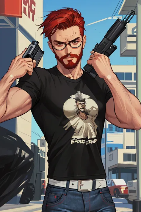 Young red hair with brown eyes. He is 19 years old, wears glasses and has a beard of 3 days. He is athletic and wears a black t-shirt and blue jeans. He has a gun in his hand. Style GTA 5