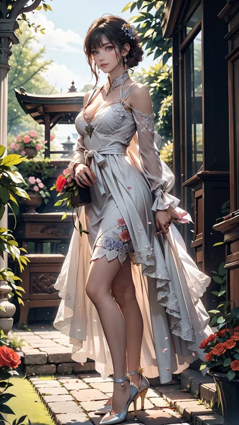 In the historic gardens、A woman from the royal family walking gracefully。She is wearing a gorgeous dress、Colorful flowers around々is in full bloom、High heels