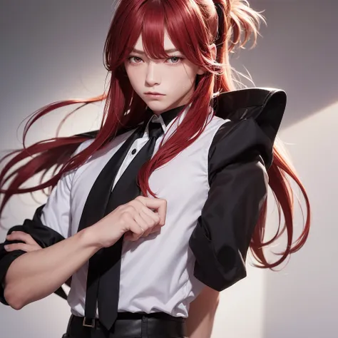 masterpiece, best quality, diluc (genshin impact), 1boy, male focus, red hair, red eyes, long hair, solo, simple background, white background, hair between eyes, bangs, closed mouth, ponytail, sparkle, looking at viewer, antenna hair, cropped shoulders, sh...