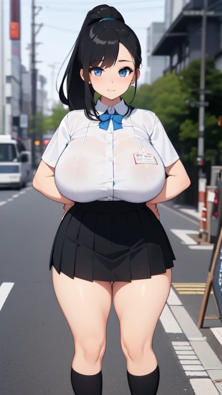 ((Highest quality)), ((masterpiece)), (detailed), 
((huge breasts))
((Very thick thighs))
((Very fleshy young woman))
(Tall)
Black ponytail hair
Blue eyes
Standing
(((Shoot from front)))
(((photograph the whole body)))
(Japanese school uniform)
(white (bus...