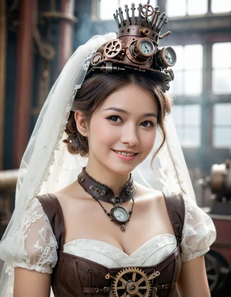 (close up face:0.5), dynamic angle, ultra detailed beautiful photograph, small smile, the “Steampunk  Blessed Bride” is a unique atmosphere where the good old days and the future are fused. The bride is dressed in a dress adorned with steel, leather, gears...