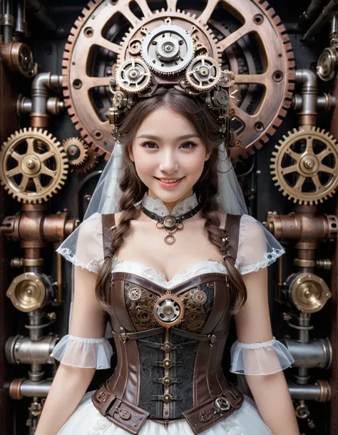 (close up face:0.5), dynamic angle, ultra detailed beautiful photograph, small smile, the “Steampunk  Blessed Bride” is a unique atmosphere where the good old days and the future are fused. The bride is dressed in a dress adorned with steel, leather, gears...