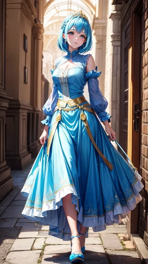 A princess with bright blue hair and sharp, sparkling golden eyes. Wear a long skirt for a walk.