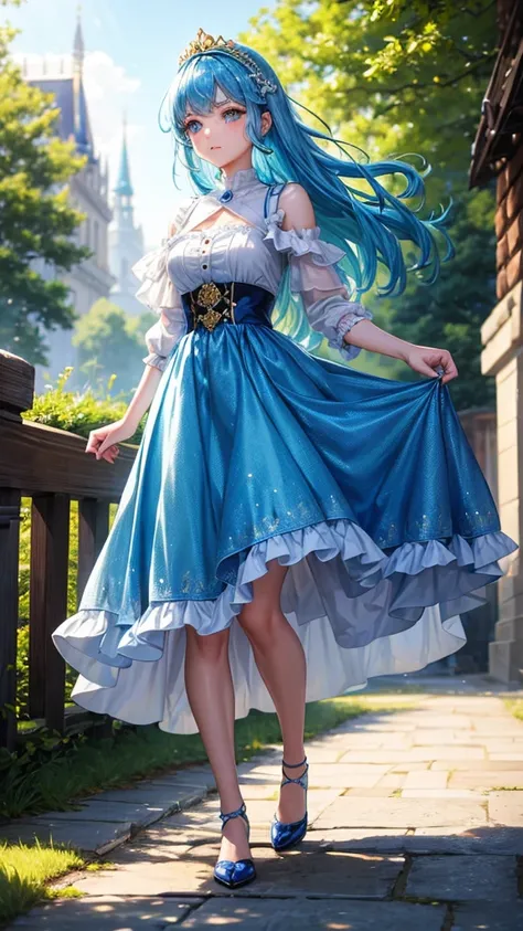 A princess with bright blue hair and sharp, sparkling golden eyes. Wear a long skirt for a walk.