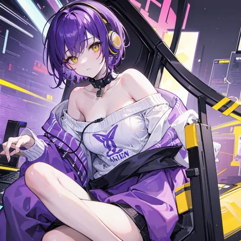 ((best quality)), ((masterpiece)), (detailed), 1man, off-shoulder sweater, sitting , Purple hair, short hair , White skin, yellow eyes , Chilling face , Put on headphones