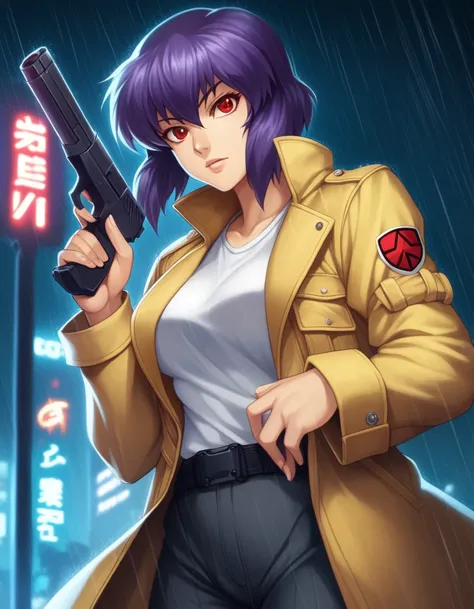 score_9, score_8_superior, score_7_superior, score_6_superior, score_5_superior, score_4_superior, sauce_anime,
One girl, alone, Kusanagi Motoko, ghost in the Shell, Purple Hair, Red eyes, uniform, Yellow coat, Pistol, Severe, night, rain, Neon Light