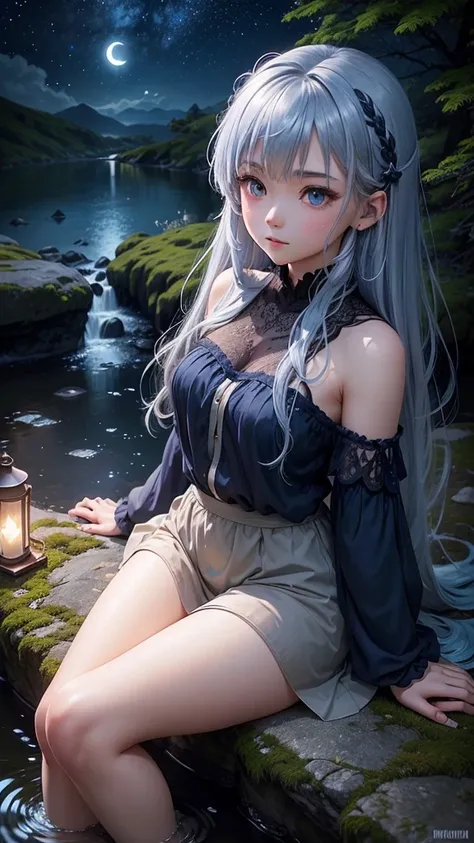 atop a rugged mountain, illuminated by the gentle glow of a full moon. A beautiful anime girl with flowing, midnight-blue hair sits gracefully on a moss-covered rock, her slender figure outlined against the moonlit sky. Her eyes, pools of shimmering silver...