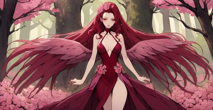 A fairy with long burgundy hair, wearing a sexy outfit, sexly, of pink flowers, your wings are burgundy, she is in a forest, detailed