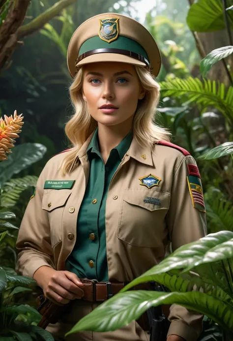 Hyper-realistic action scene in which a beautiful blonde woman closely examines the flora and fauna of America.wear a ranger uniform,"Add extremely precise details to plants, Animales, And the look of astonishment on the girls face, 8k, CinematicLight, fot...