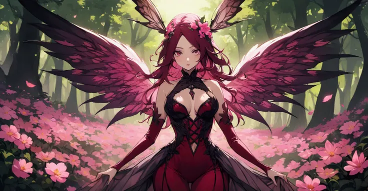 A fairy with long burgundy hair, wearing a sexy outfit, sexly, of pink flowers, your wings are burgundy, she is in a forest, detailed, she is close to the viewer 