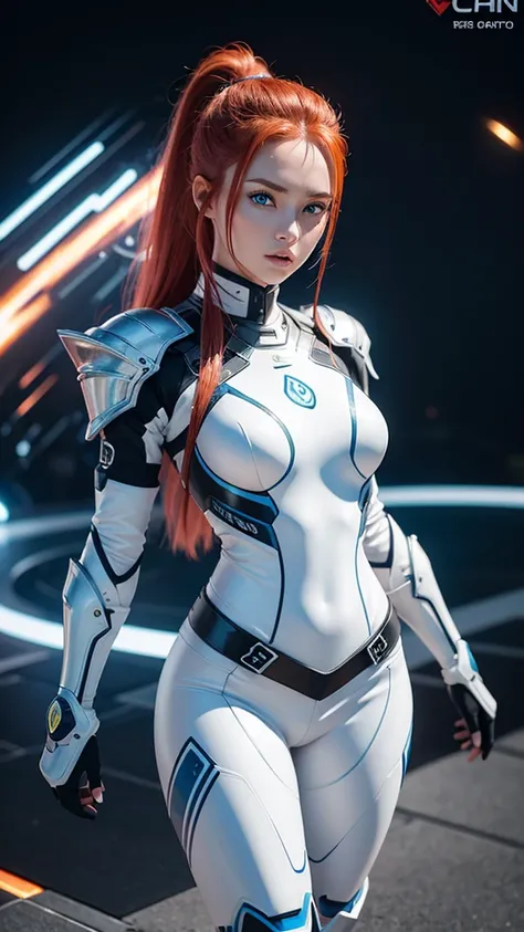 Create a hyper realistic 3D image of a cool cyber girl in white armor cybort beautiful blue eyes with ferrari red hair intense fire spectacular lake, the image must be perfectly and spectacular, She is on the battlefield, she carries her spectacular futuri...