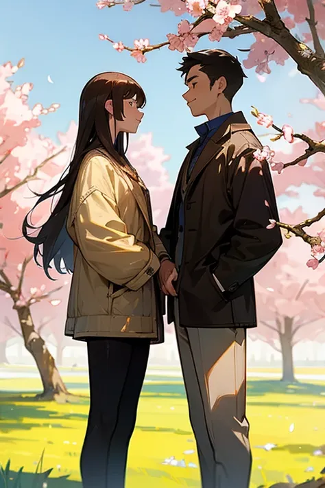 A young man and a young woman stand side by side under a blossoming hawthorn tree