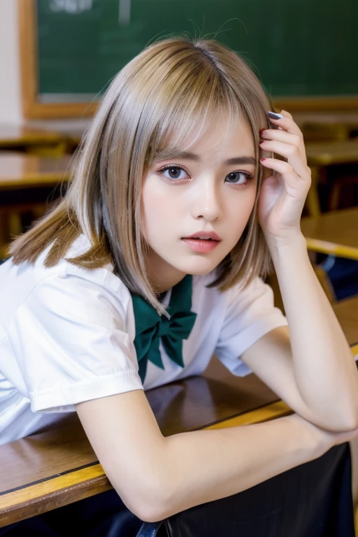 1girl, extremely beautiful girl, extremely beautiful face, (Double eyelids), silver bob hair, full body portrait, high school girl, (8k, RAW photo, best quality, masterpiece:1.2), (realistic, photo-realistic:1.2), in the classroom