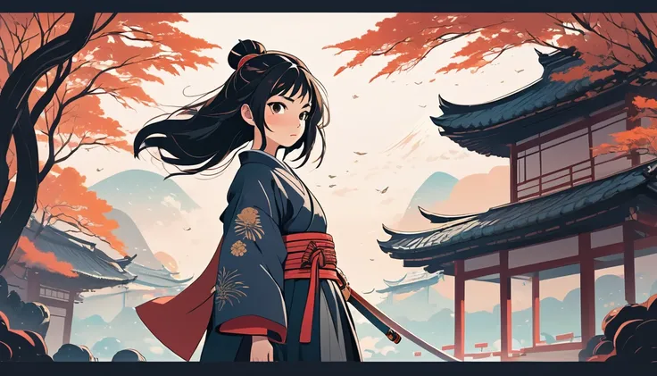 Female samurai, Wide-angle lens, Lofi Anime, Lofi illustration, Aesthetic atmosphere, Lo-Fi Style, Vector art, Flat Design, Simple shape, Warm tones, Pleasant atmosphere, Chill, In anime style, Digital drawing, Vector art, Vector logo for t-shirt printing,...