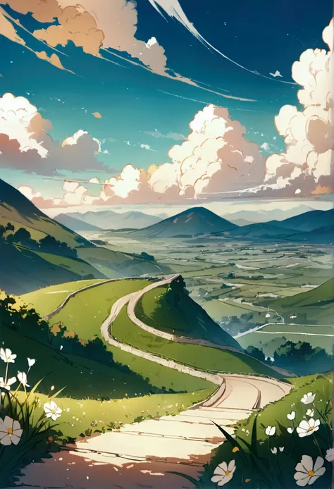 (best quality,masterpiece:1.2), Art(illustration), season(春sky), Warm colors, green energy, Wind Turbines, road symbol, sky空, outdoor, cloud, flower, landscape, Grass, falling flower瓣, sky, blue sky空, flower瓣, stairs, symbol, white flower, Mountain, cloudy...