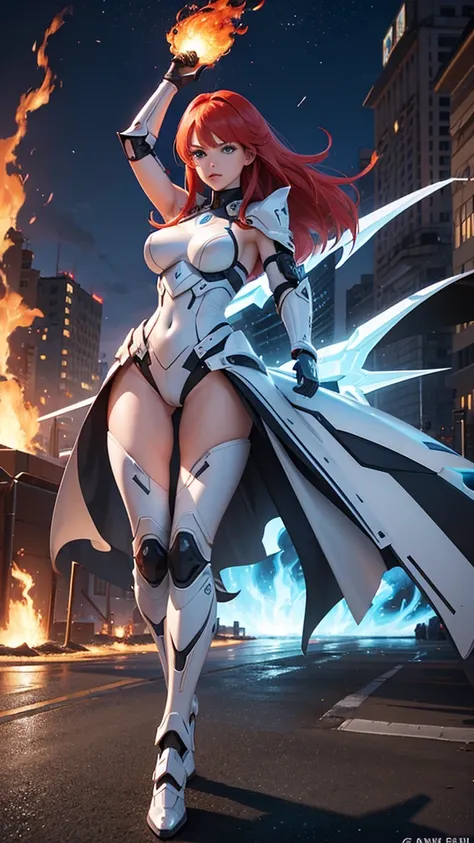 Create a hyper realistic 3D image of a cool cyber girl in white armor cybort beautiful blue eyes with ferrari red hair intense fire spectacular lake, the image must be perfectly and spectacular, She is on the battlefield, she carries her spectacular futuri...