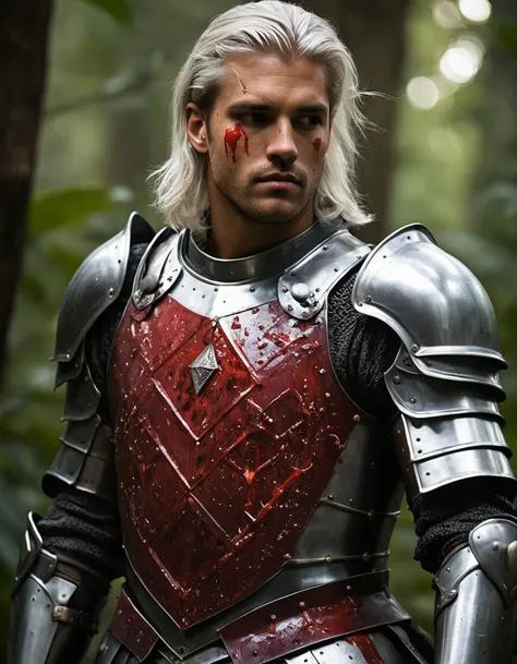 {{Masterpiece, best quality, painting, dramatic, male focus}}, ((((the full body portrait of a 30 year old male knight, manly, sexy, tall, young, tan skin, he has silver hair, tan, scarred face, sullen, arrogant, pensive, majestic)))), (((((((He is covered...