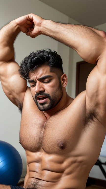 Handsome 70 years old indian latino more hairy body masculine strong bodybuilder huge wetty body, black and white hair color, Pain is raging on the face, screaming with pain and making aggressive face expressions with eyes closed during hold penis, the hea...