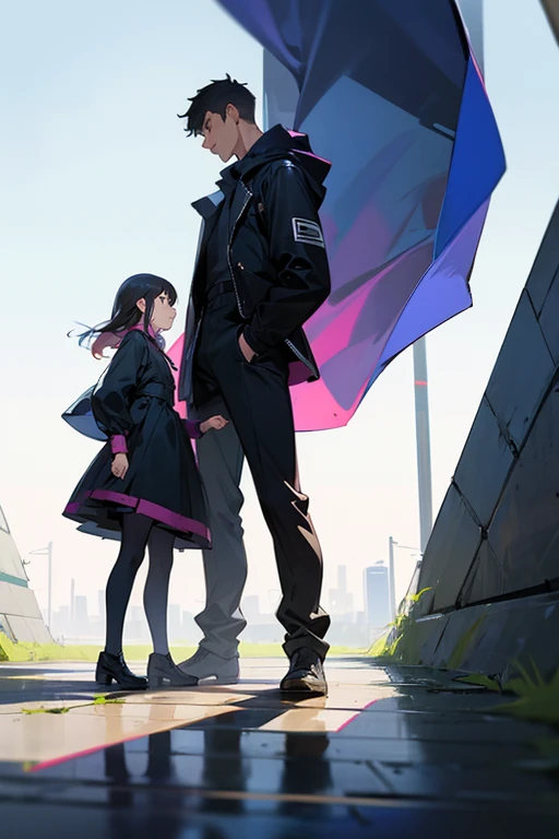 A man and a woman confront each other on flat ground，Full body photo from the side，There is not much height difference between the two