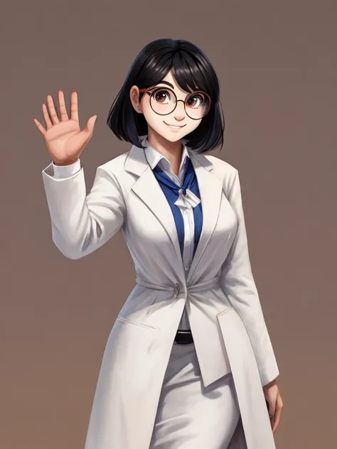 teacher with medium black hair wearing round glasses and white coat waving