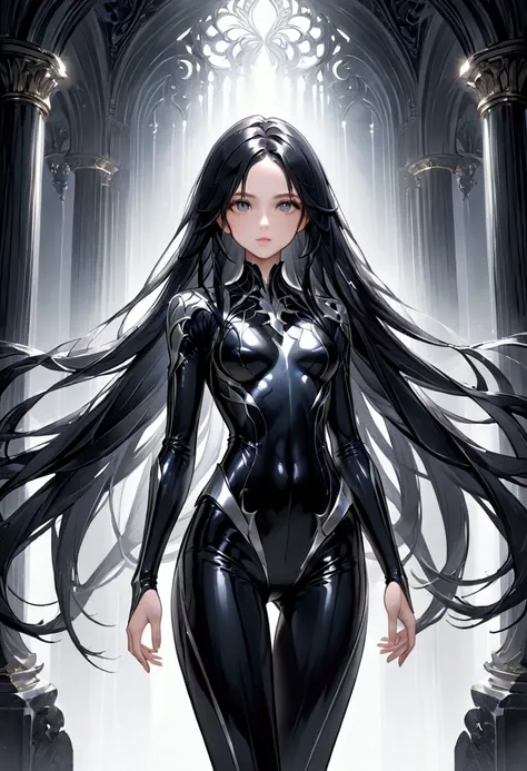 Girl with long black hair with silver highlight, dark onyx eyes, tall  body, 