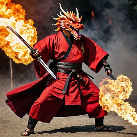 Samurai with red kimono with birth mark like fire on his hand holding a flaming sword who create a flaming dragon, in battle position, holding his sword a breaths fire creating flaming dragon.
