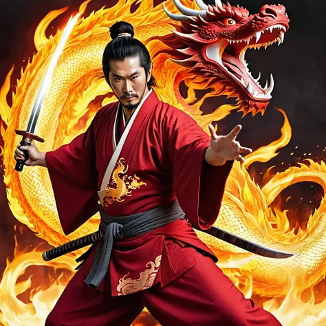 Samurai with red kimono with birth mark like fire on his hand holding a flaming sword who create a flaming dragon, in battle position, holding his sword a breaths fire creating flaming dragon.
