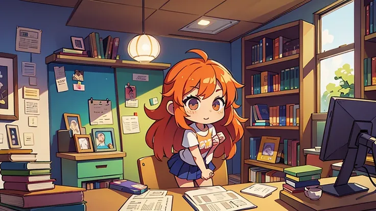 chibi style vivid colors interior of a library