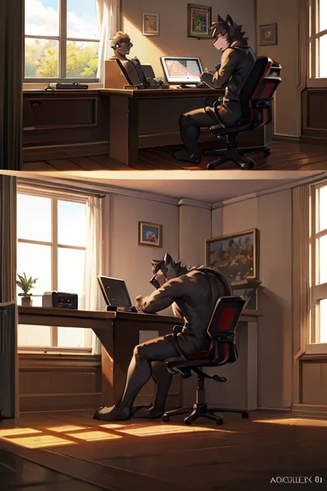 anime style, super fine illustration, highly detailed, dynamic angle, beautiful detailed, 8k, On a summer noon, BREAK an anthropomorphic cat is having a remote meeting in a living room. The computer screen is split into four parts, showing an anthropomorph...