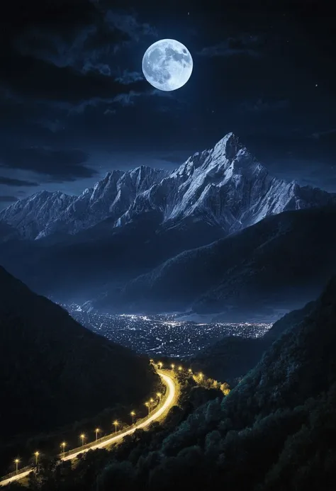 dark night with moonlight and mountains quality image