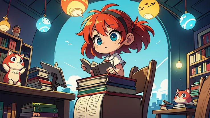 chibi style vivid colors interior of an empty library books floating globes of light