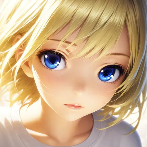 portrait, Practical, blue eyes, Blonde hair, Mid-chest, 4K resolution, High quality CG, Beautiful CG, Soft Light, Octane Rendering, white t-shirt, close shot, direct gaze