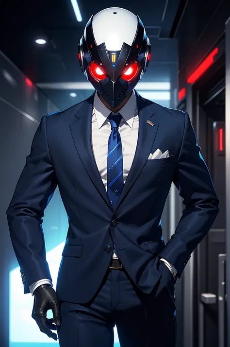 A man wears a blue shirt, a tie with black dots, a blazer and cream trousers and wears a futuristic and cybernetic black mask It has two pointed spots which are the bright red eyes that cover its eyes It has gold details Imagine that the helmets red eyes a...