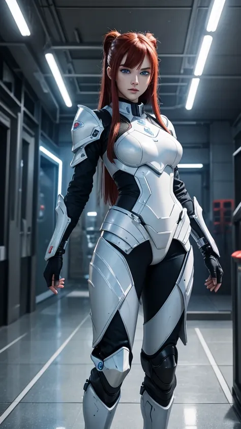 Create a hyper realistic 3D image of a cool cyber girl in white armor cybort beautiful blue eyes with spectacular long intense red hair, the image must be perfectly and spectacular, She is on the battlefield, she carries her spectacular futuristic weaponry...