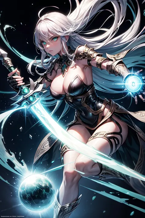 A mystical warrior woman with silver hair, glistening green eyes, and black leather, one hand holds a glowing orb and the other a glistening silver sword, 