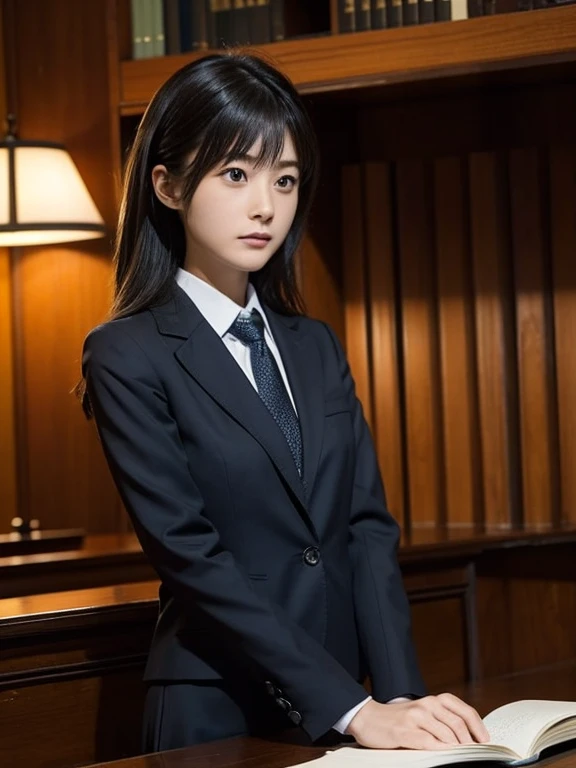 girl, solo, lawyer, Court, 女性lawyer, suit, Court Background, Serious expression, lawyerのバッジ, Courtでの弁論, Law Book, Wooden furniture, Courtの雰囲気, Intersecting rays, 