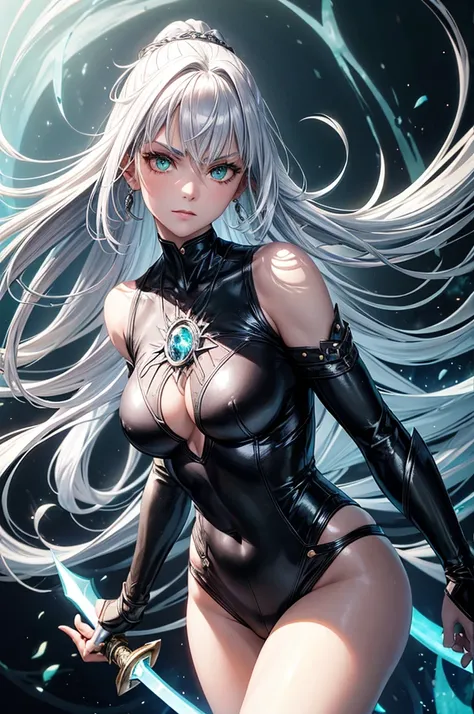 A mystical warrior woman with silver hair, glistening green eyes, and black leather, one hand holds a glowing orb and the other a glistening silver long sword, 