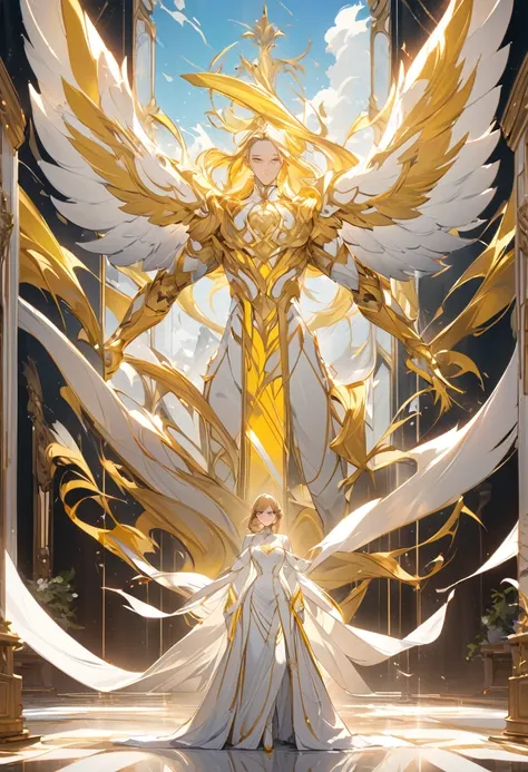 (work of art, best qualityer, ultra HD, 8k, wall-paper), Cinematic sensation, perfect hands, perfects eyes, detailedeyes, a man with white wings showing his entire body, wide and elegant white costume with strategic yellow details, displaying the powerful ...